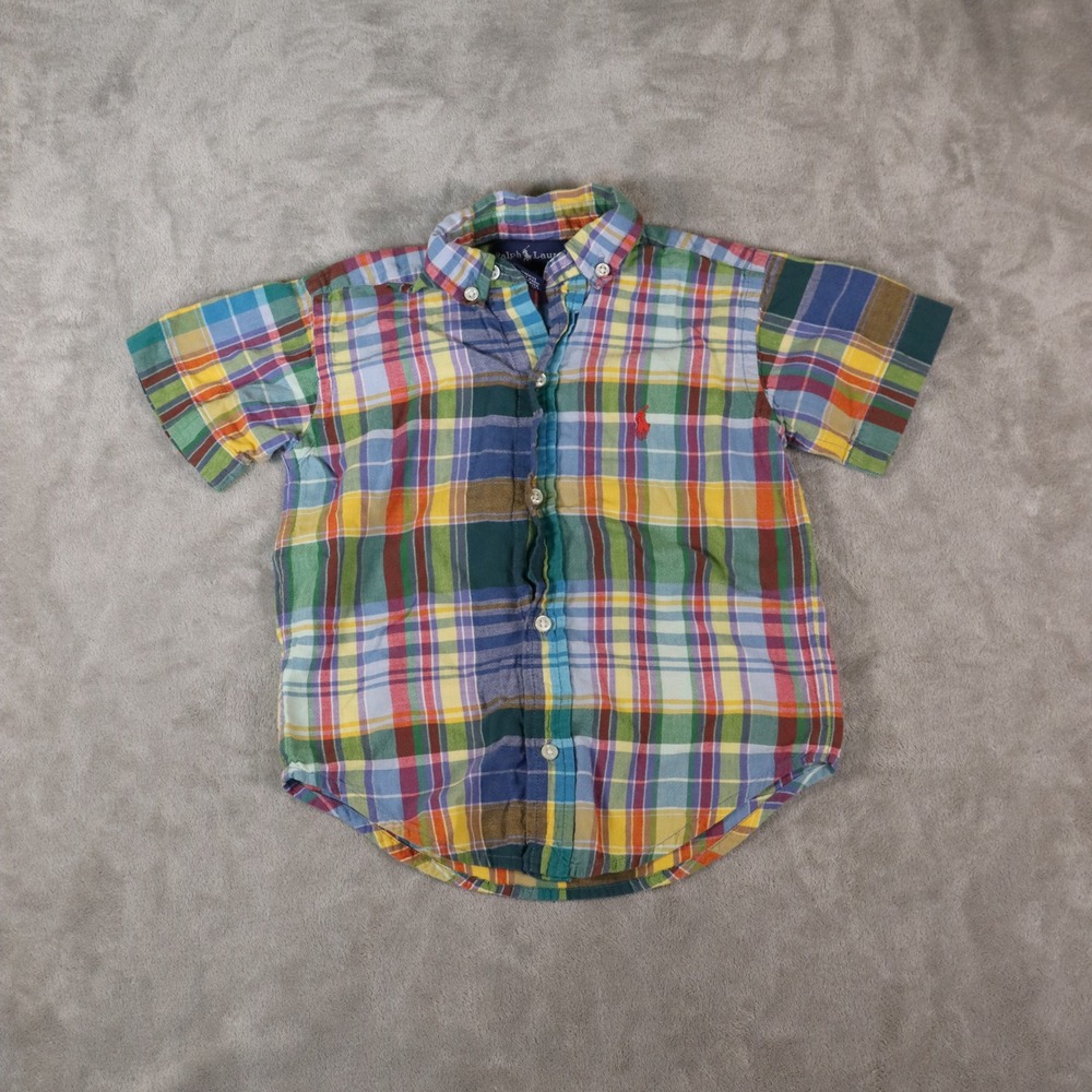 Ralph Lauren Boys 2T Plaid Button Down Shirt Short Sleeve Multi Color Cotton